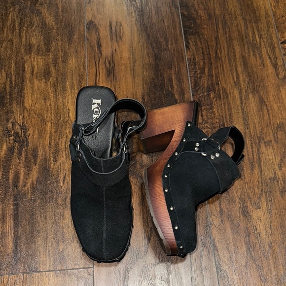 Kork-Ease Shoes - Kork Suede Distressed Studded Platform Black Wood Effect Heeled Mules & Clogs 10